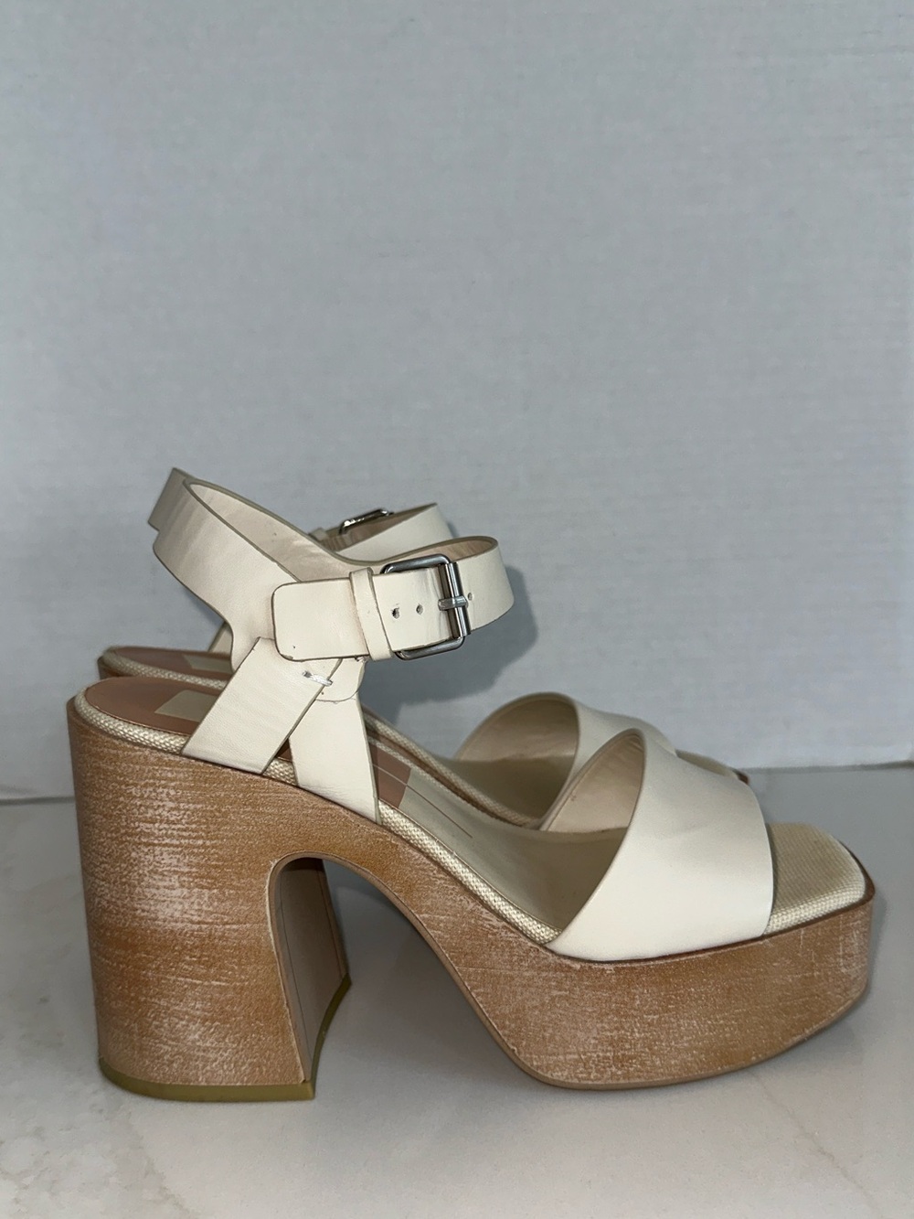 Dolce Vita Wallis Ivory Leather Wooden Platform High Heel Sandals - Picture 4 of 13